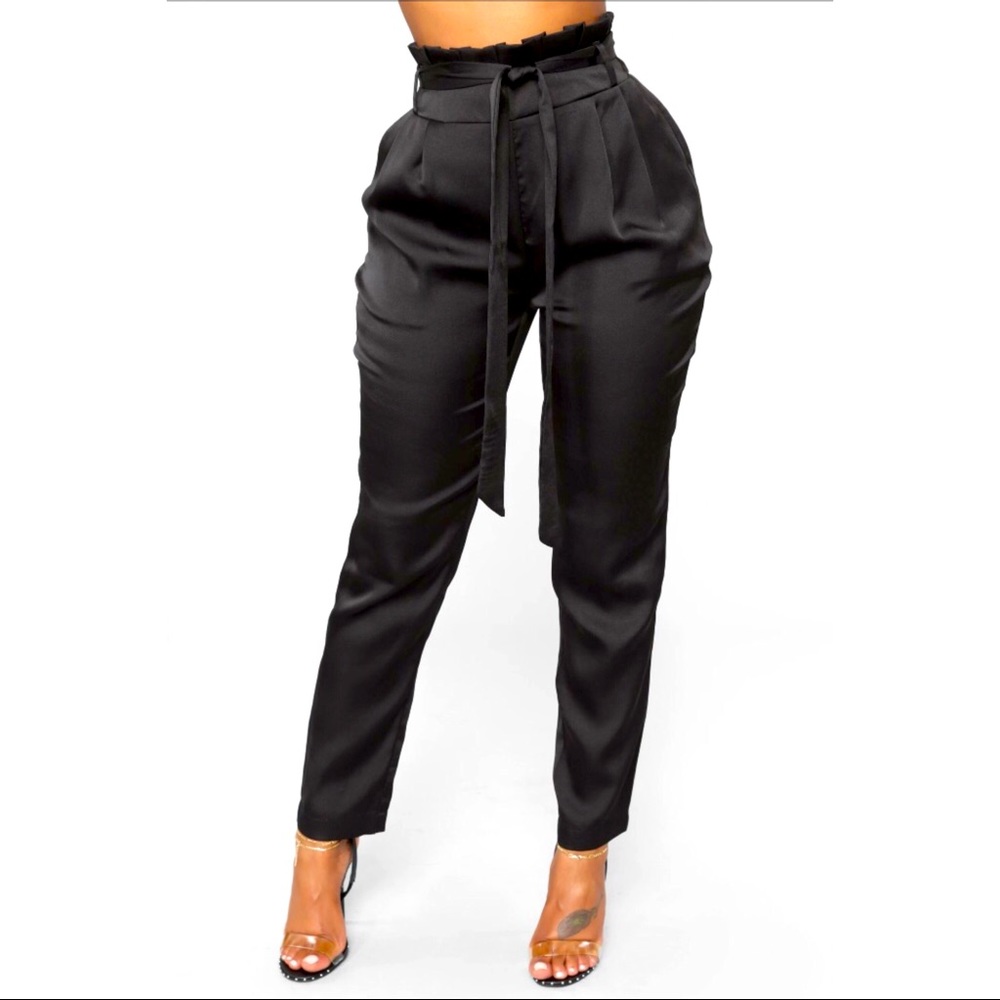 Black high rise satin tie waist skinny pants
